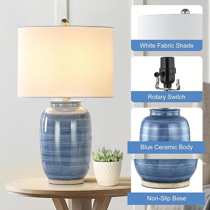 Maxax Maxax 25" Blue Table Lamp for Living Room, Modern Ceramic Lamp with White Shade, Coastal Blue Bedside Nightstand Lamp for Bedroom Home Office photo 2