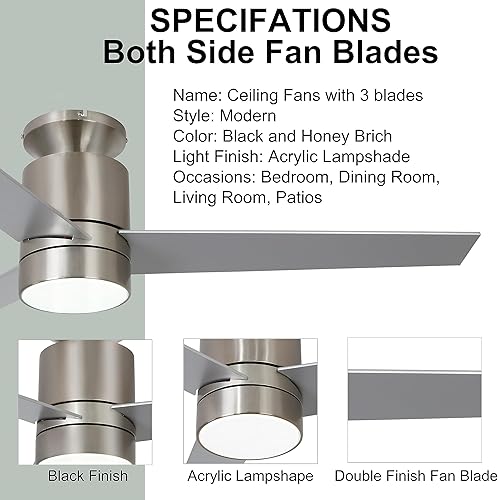 Miniatura 7 de Ventiladores de techo de 52 pulgadas con luces de montaje empotrado, ventiladores de techo de perfil bajo con luces y control remoto, 3 cuchillas, 6