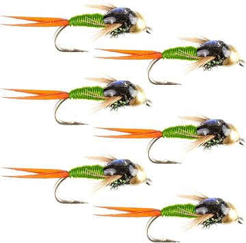 The Fly Fishing Place Tungsten Bead Head Chartreuse Copper John Nymph Fly Fishing Flies - Set of 6 Flies Hook Size 14