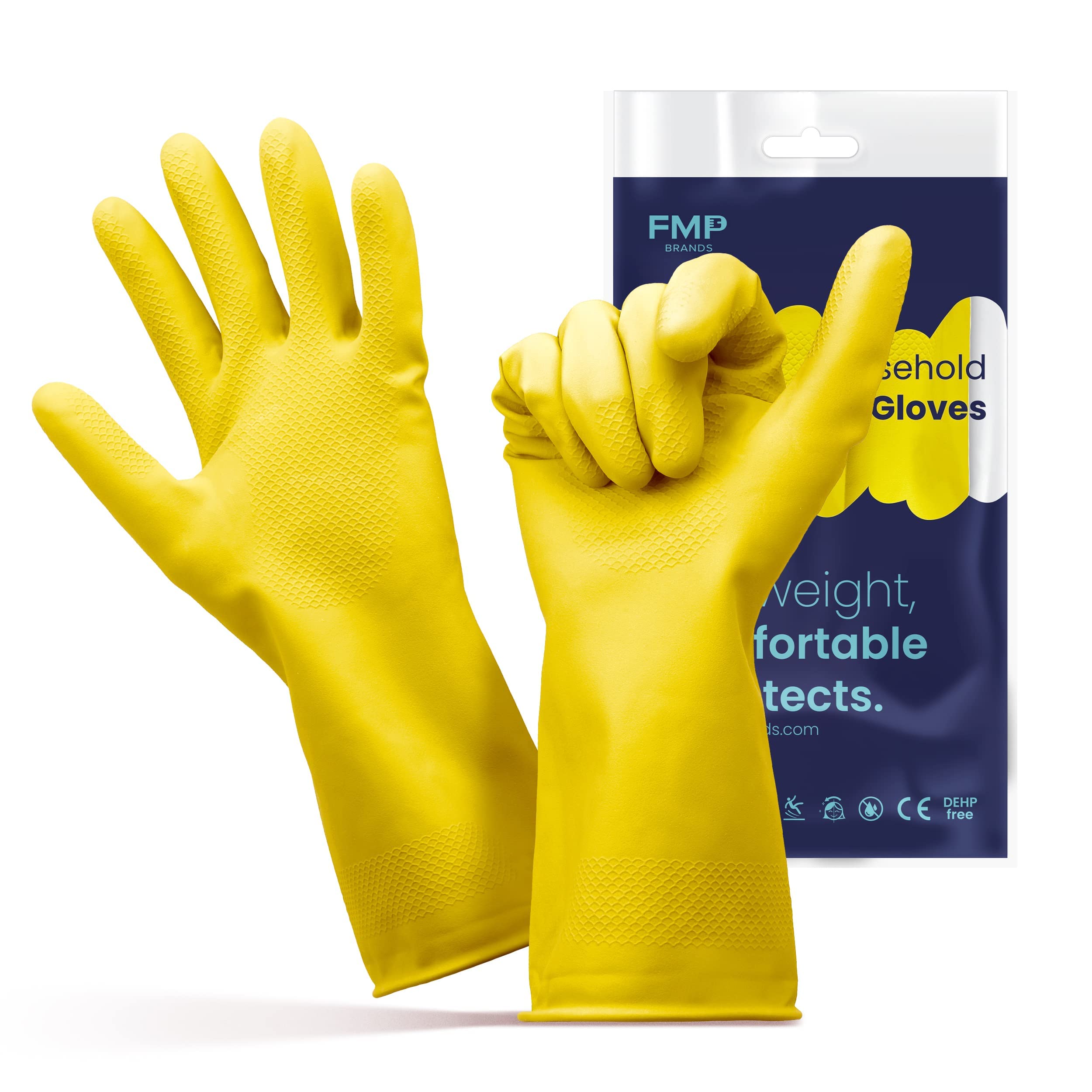 FMP Brands 60 Pairs Rubber Gloves for Washing Dishes, Non-Slip, Waterproof, Reusable for Cleaning, Kitchen, Bathroom, Household (Large, Yellow)