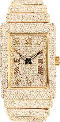 ICE STAR Womens Luxury 33mm Fully Iced Out Rectangle Watch, Quartz Movement - Gold Dial