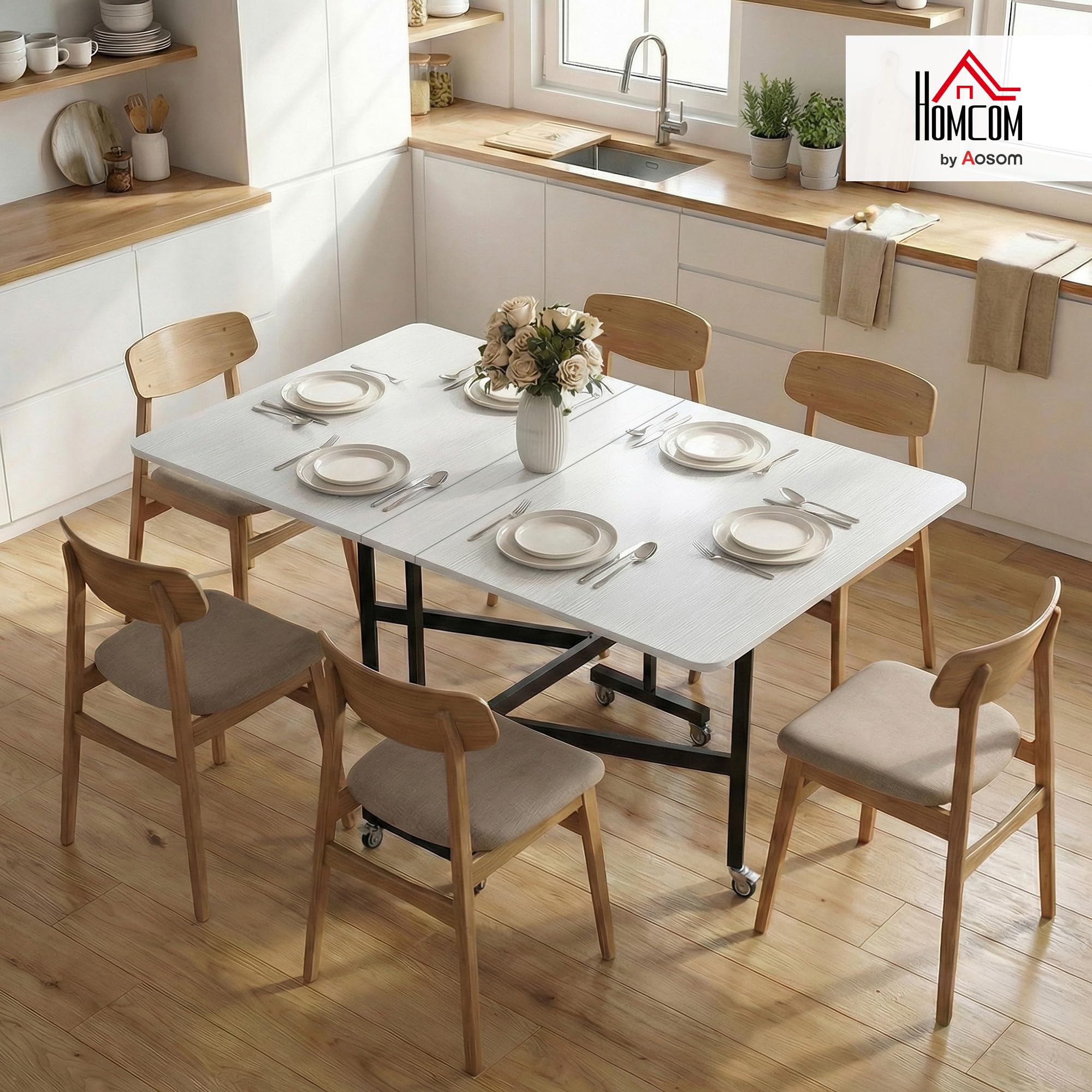 HOMCOM Tavolo da Pranzo Pieghevole, Tavolo Cucina a Ribalta con Ruote a Freno per 4-6 Persone, Scrivania Richiudibile con Struttura in Acciaio, per Soggiorno, 120x80x73 cm, Bianco Effetto Legno