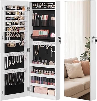 SONGMICS HOME Mirror Jewelry Cabinet, Lockable Hanging Jewelry Organizer with Full-Length Mirror, Door or Wall Mounted Storage Cabinet, White