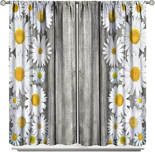Miniatura 20 de Cortinas rústicas de cocina de granja, margaritas florales de granja de primavera, cortinas opacas de madera retro con bolsillo para barra, cortinas