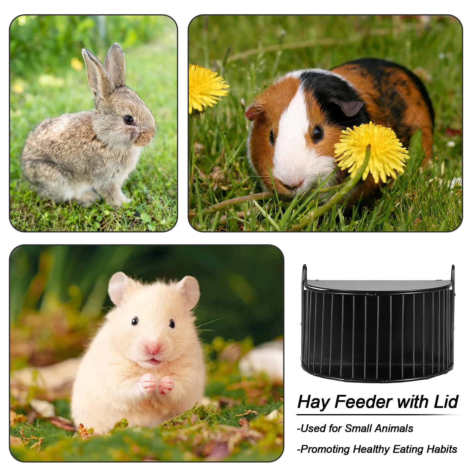 Upgraded Hay Rack for Rabbits, Bunny Feeder for Guinea Pigs Chinchillas, Black, Hanging Hay Feeder with Lid, Bunny Feeding Holder, Metal, Semicircular, Chinchilla Cage Accessories - image 2