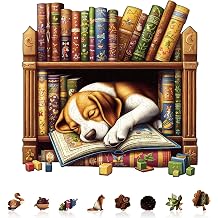 Puppy Dog Puzzles Bookshelf Books Library Shape Puzzle Adults Gifts for Women Men Wooden 300 Pieces 13.4 * 13.4in Wall Decor