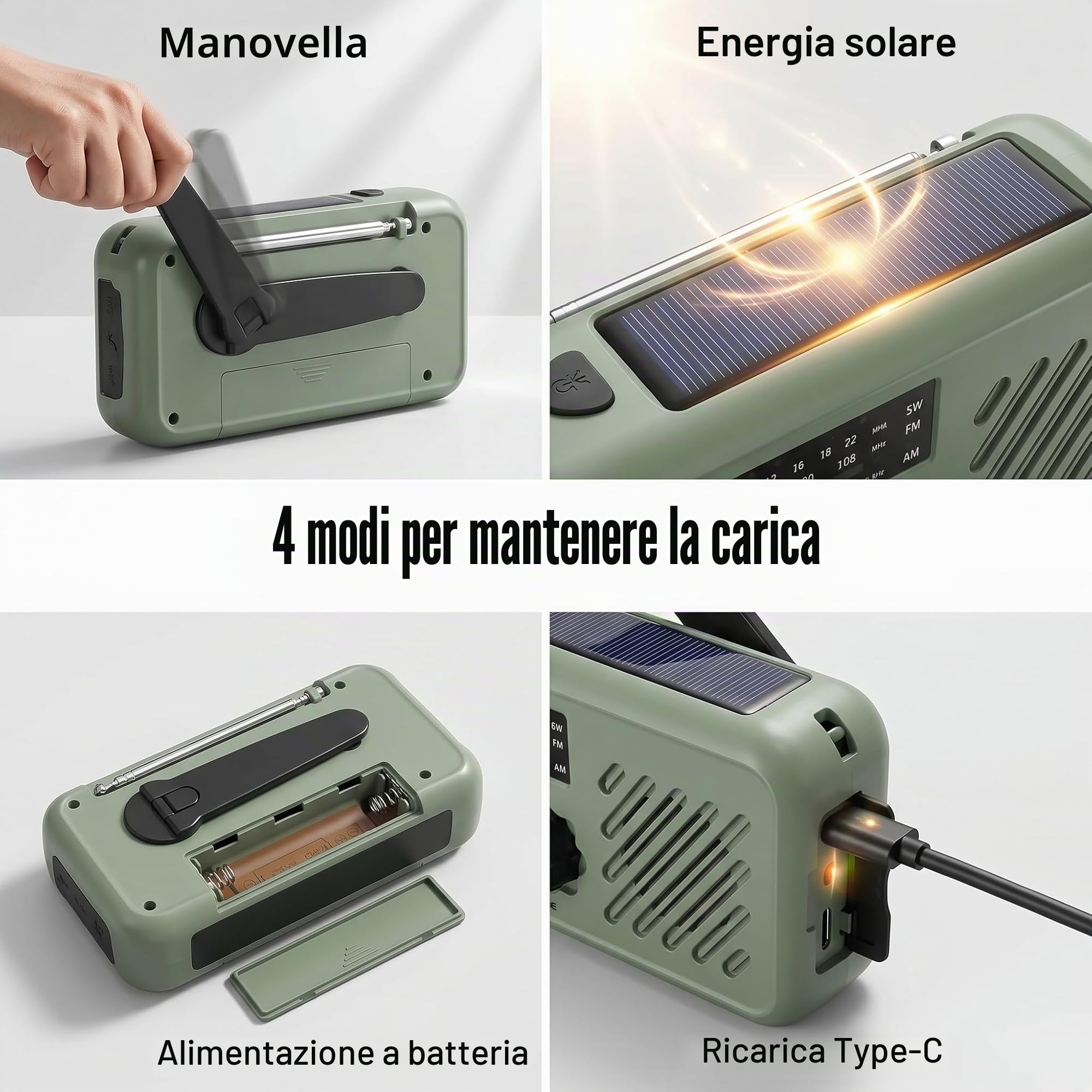 Radio Emergenza a Manovella con Solare & Power Bank 2000mAh, Radio AM/FM con Allarme SOS e Luce Lettura, Radio Dinamo per Blackout Campeggio Auto