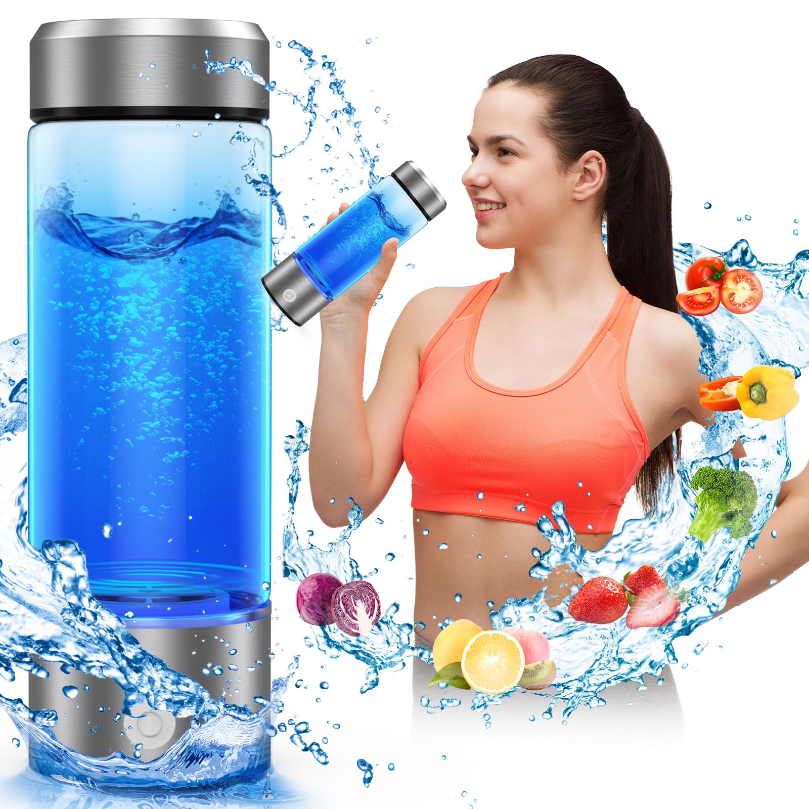 Roylvan Wasserstoff Wasser Maker - 450ml Tragbarer Wiederaufladbarer Wasserflasche, Verbesserung der Wasserqualität in 3 Minuten für Haus und Büro, Silber