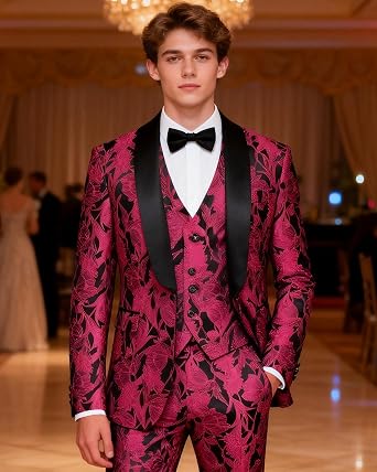 MOGU Mens 3 Piece Floral Suit Jacquard Dress Tuxedo Suit Set for Wedding Prom Jacket Vest Pants with Bow Tie