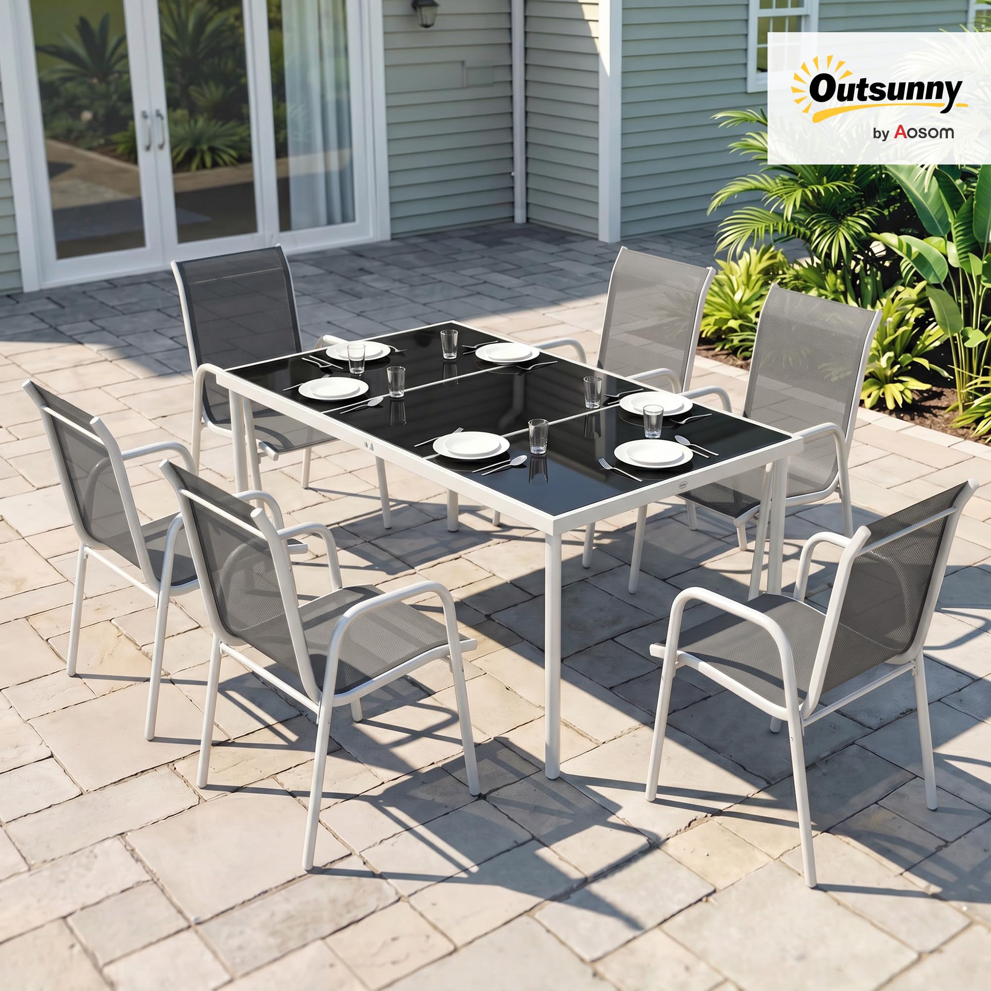 Outsunny Conjunto de Mesa y Sillas Jardín 7 Piezas Blanco y Gris