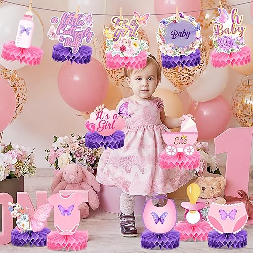 Miniatura 3 de Honoson 12 piezas de decoraciones de mariposa para baby shower para niña, centros de mesa de panal de abeja, suministros de fiesta de revelación de
