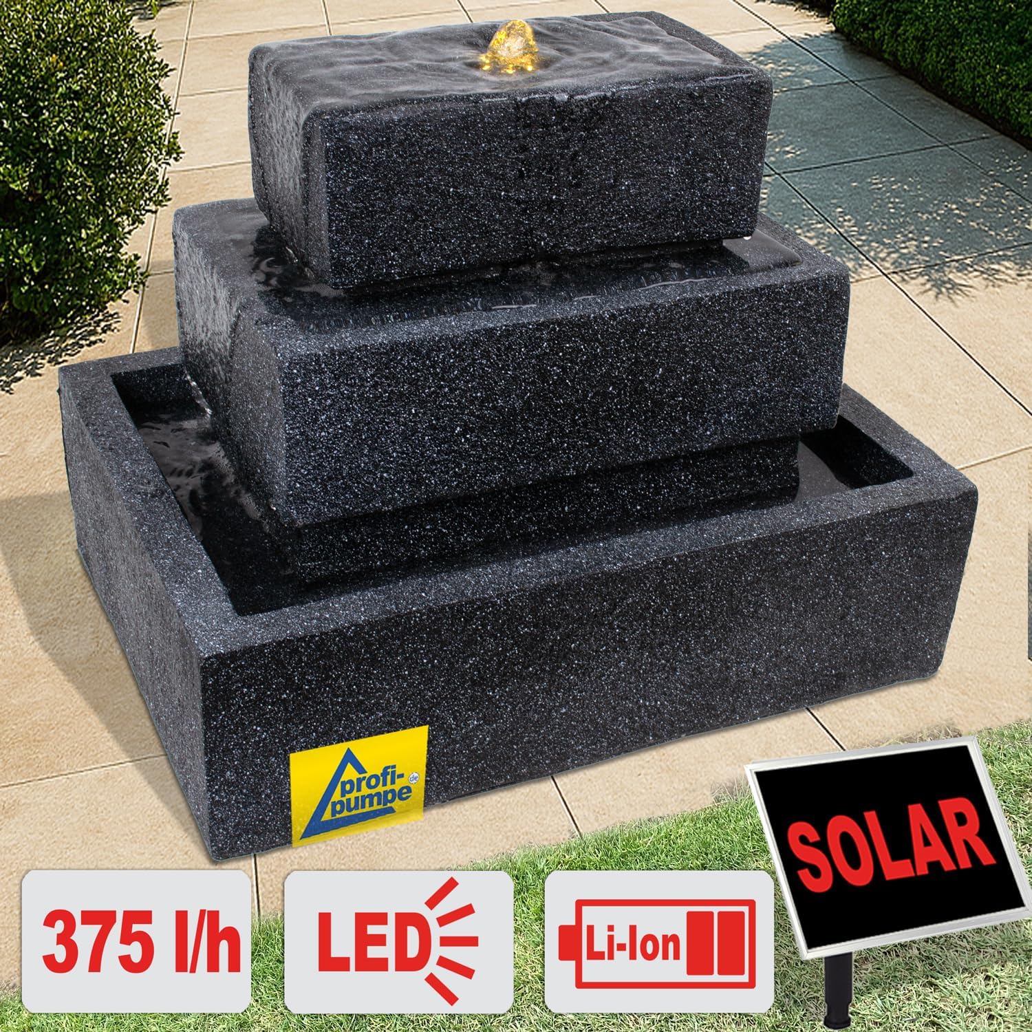 Fontana solare da giardino fontana solare fontana decorativa a cascata da giardino, pompa per laghetto, basalto per terrazza, balcone, con batteria agli ioni di litio e luce LED