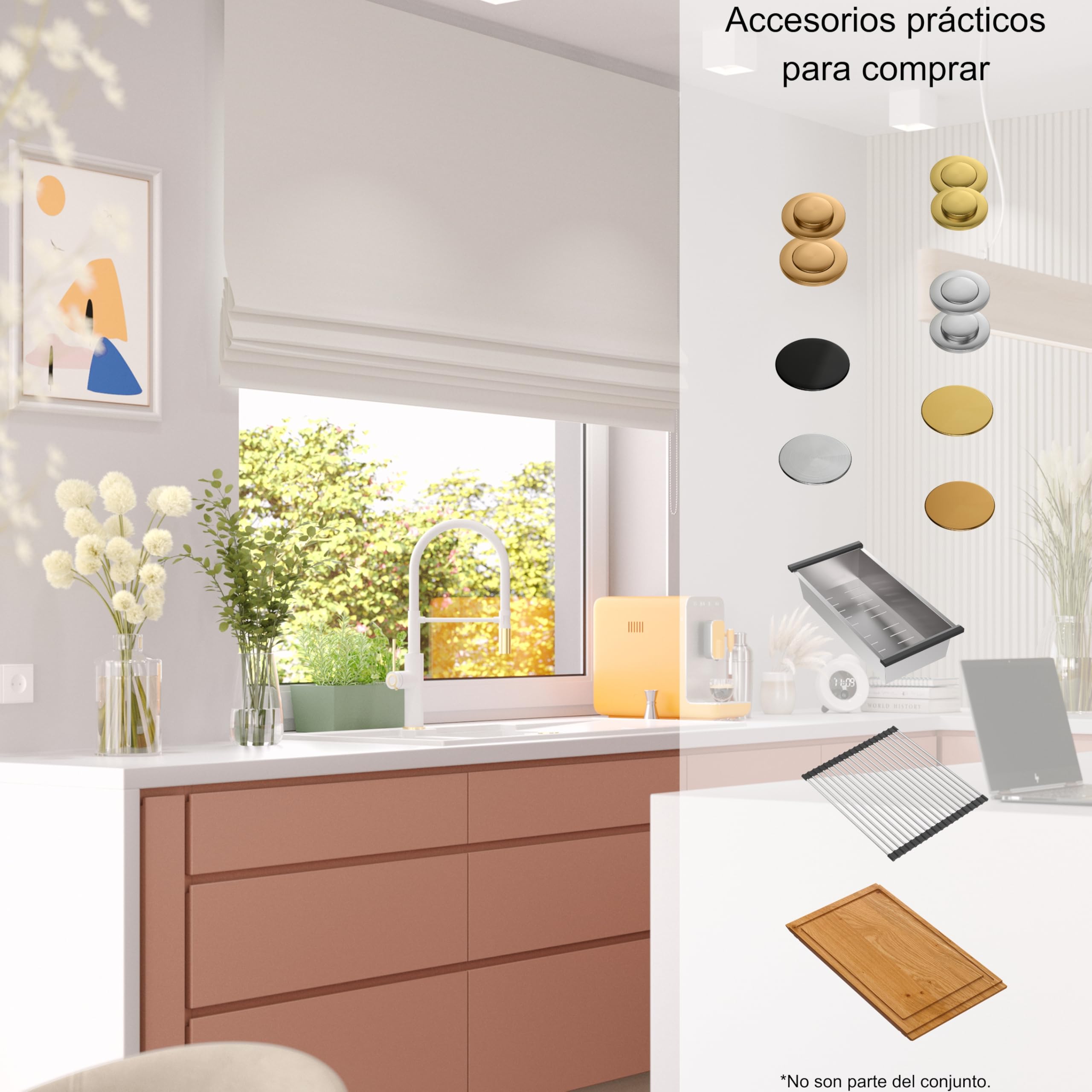 QUADRON fregadero doble cubeta blanco, EVAN 121 GraniteQ, fregadero de granito de 2 cubetas en 1160x500x210 mm, Push 2 Open fregadero con sifón y escurridor, elementos de cobre PVD