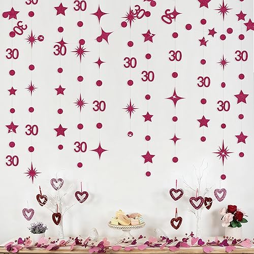 Miniatura 9 de Decoraciones de cumpleaños número 30 color azul aguamarina, guirnalda de estrellas con círculos y lunares metálicos para colgar en banderines, telón