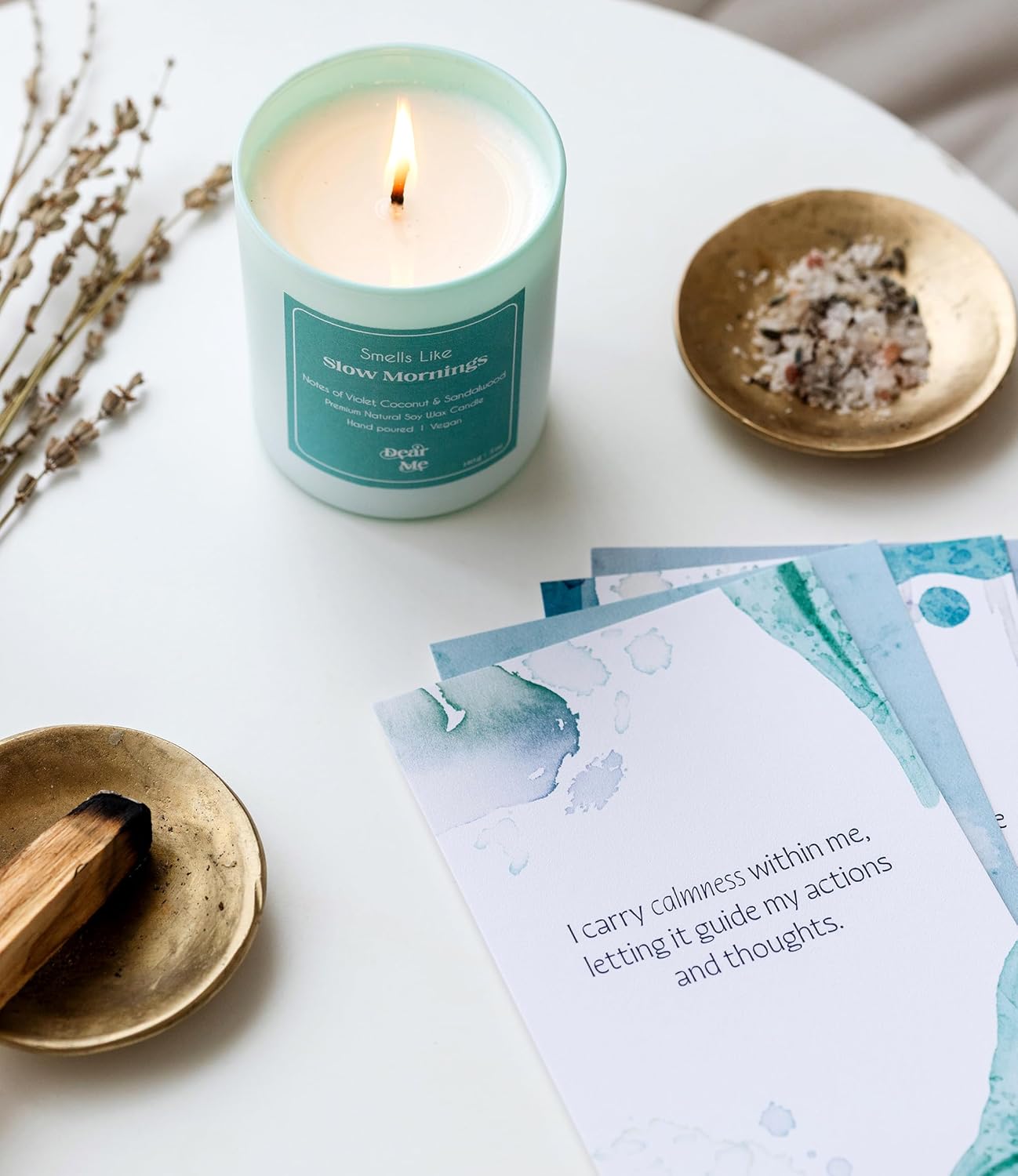 Dear Me Calmness Affirmation Cards – Uniquely Designed Mindfulness Deck with Wooden Stand – Positive Daily Affirmations for Stress Relief, Relaxation – Self Care Gift for Women & Men