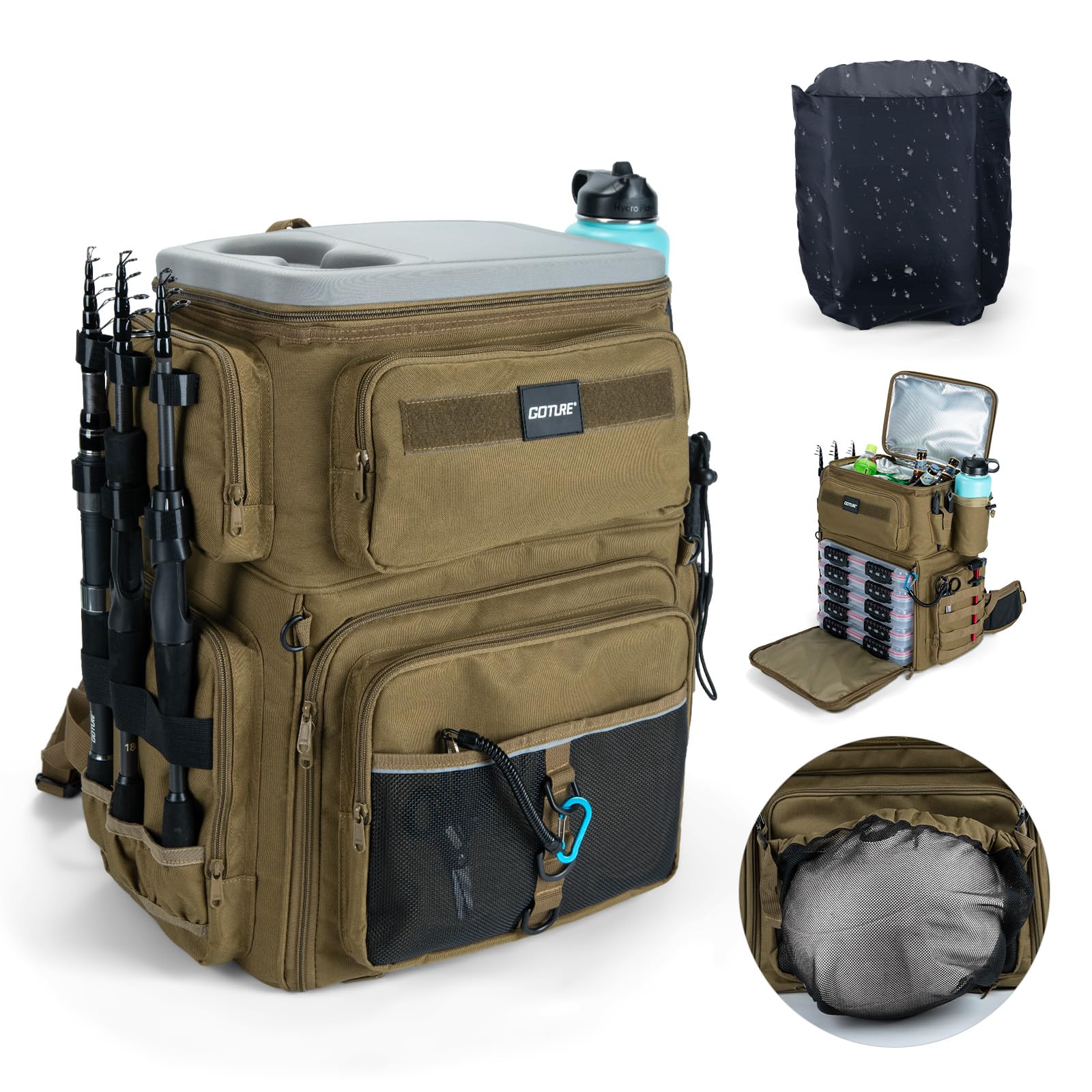 Goture Doppelstöckiger Angelrucksack – 77L wasserdichte Angelgerätetasche mit Exklusivem Fachkonzept, Isolierschicht & Regenschutz, 600D Oxford Eva-Bezug mit 3 Rutenhaltern, Platz für 5 Köderboxen