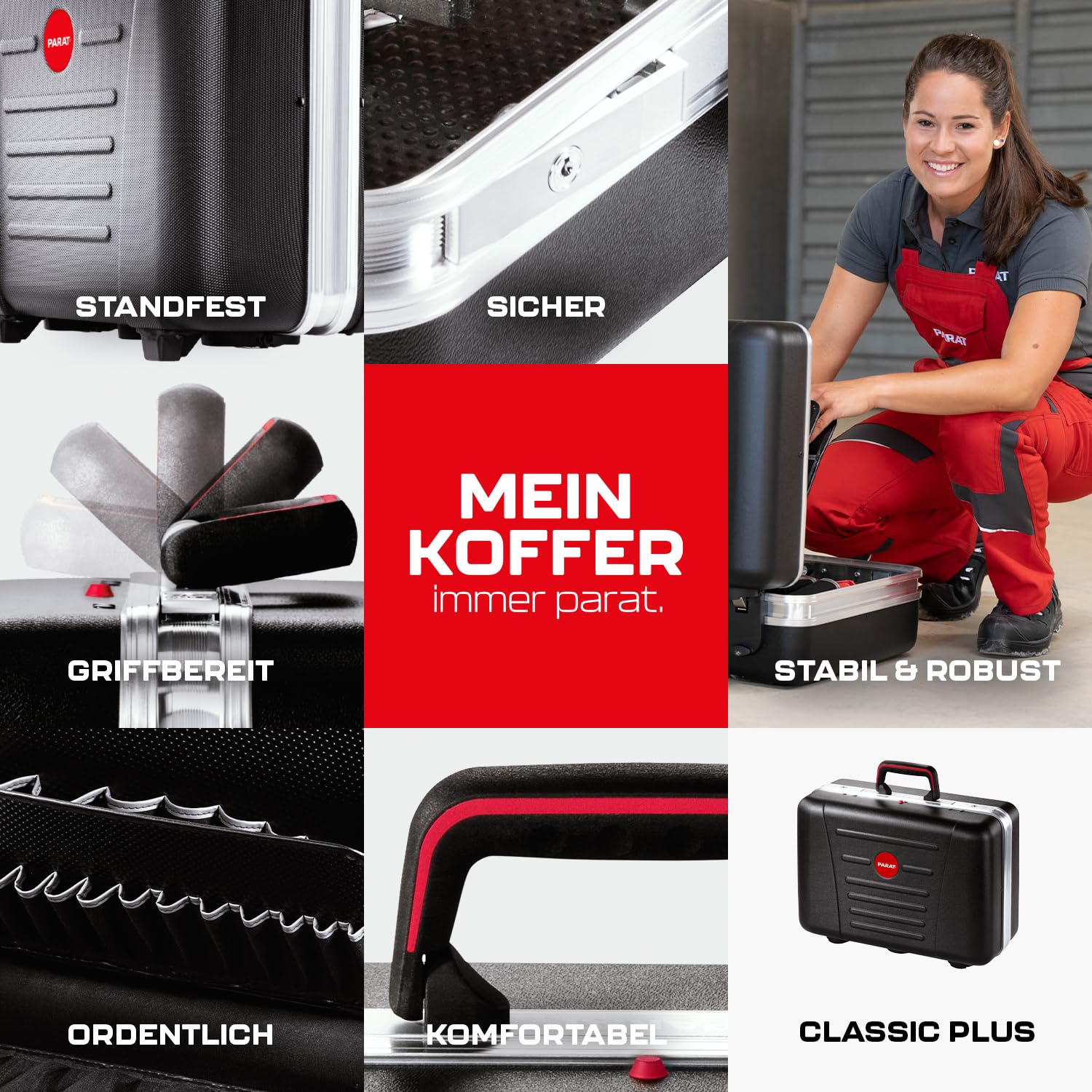 PARAT Classic Plus Safe - Maletín de herramientas con cerradura de combinación para 50 herramientas, incluye funda enrollable básica 8, robusta caja de herramientas con marco de aluminio, caja de