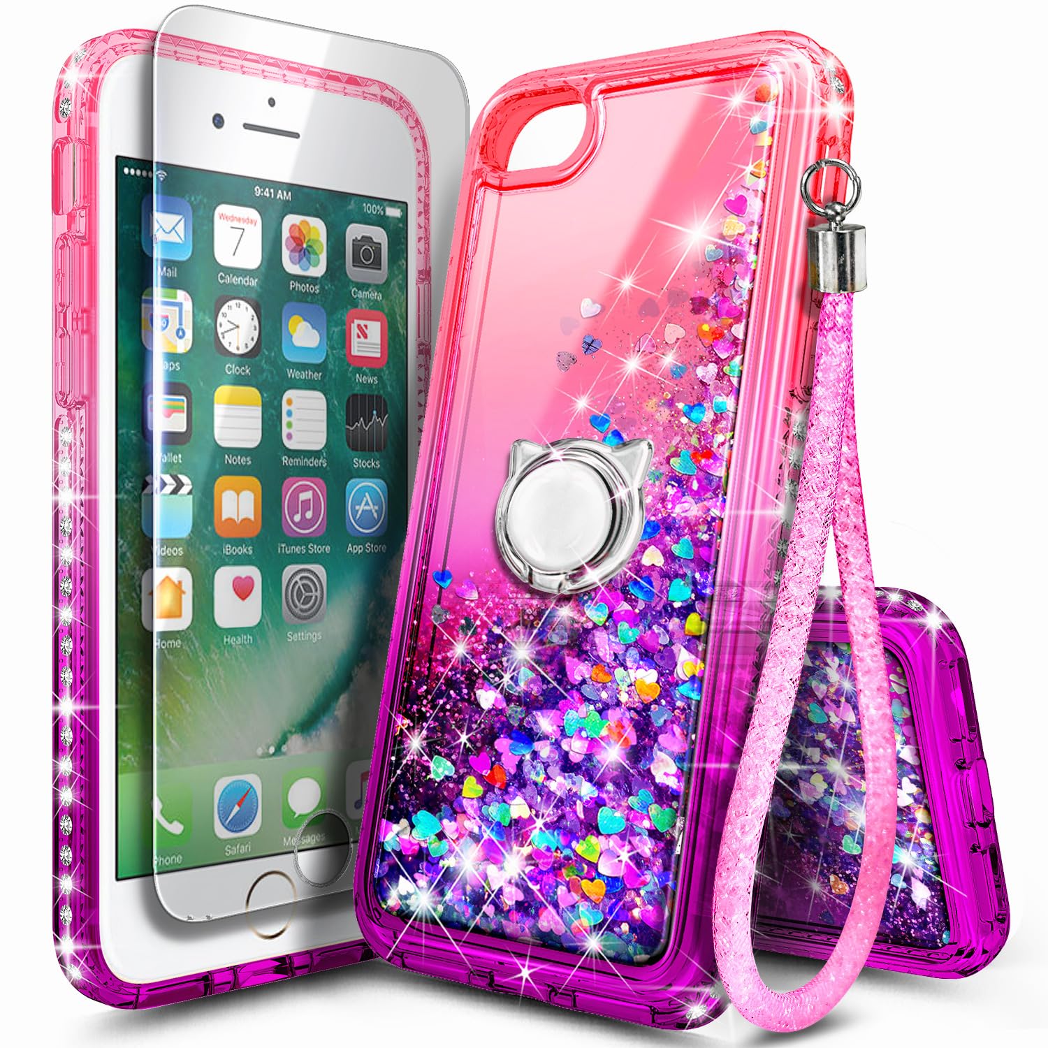 NGB Designed for iPhone 8 Plus & iPhone 7 Plus/6 Plus/6S Plus Case, Pink/Purple | Glitter Liquid Cute Cover for Women Girls Kids | with Tempered Glass