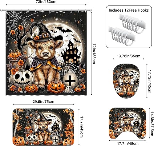 Miniatura 6 de Aperturee Juego de cortina de ducha de Halloween con tapete de baño de 72 x 72 pulgadas, alfombra en forma de U, cubierta de inodoro y 12 ganchos,