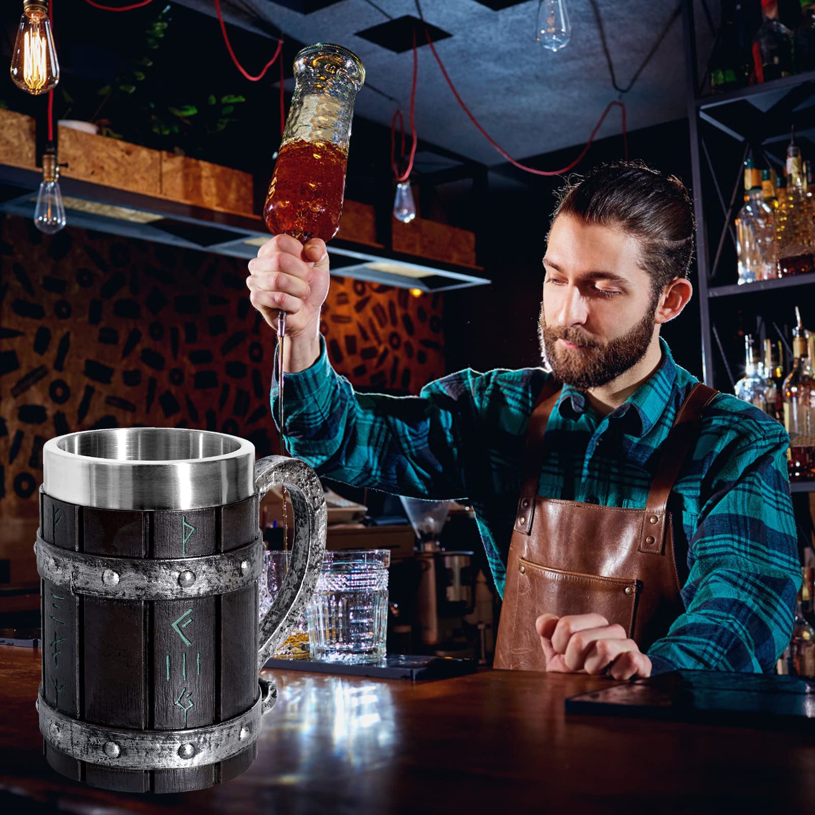 Nordic Viking Rune - Boccale da birra, in legno di quercia, misura grande, con acciaio inox, legno e resina, 3D, per uomini, regalo per la festa del papà, 550 ml