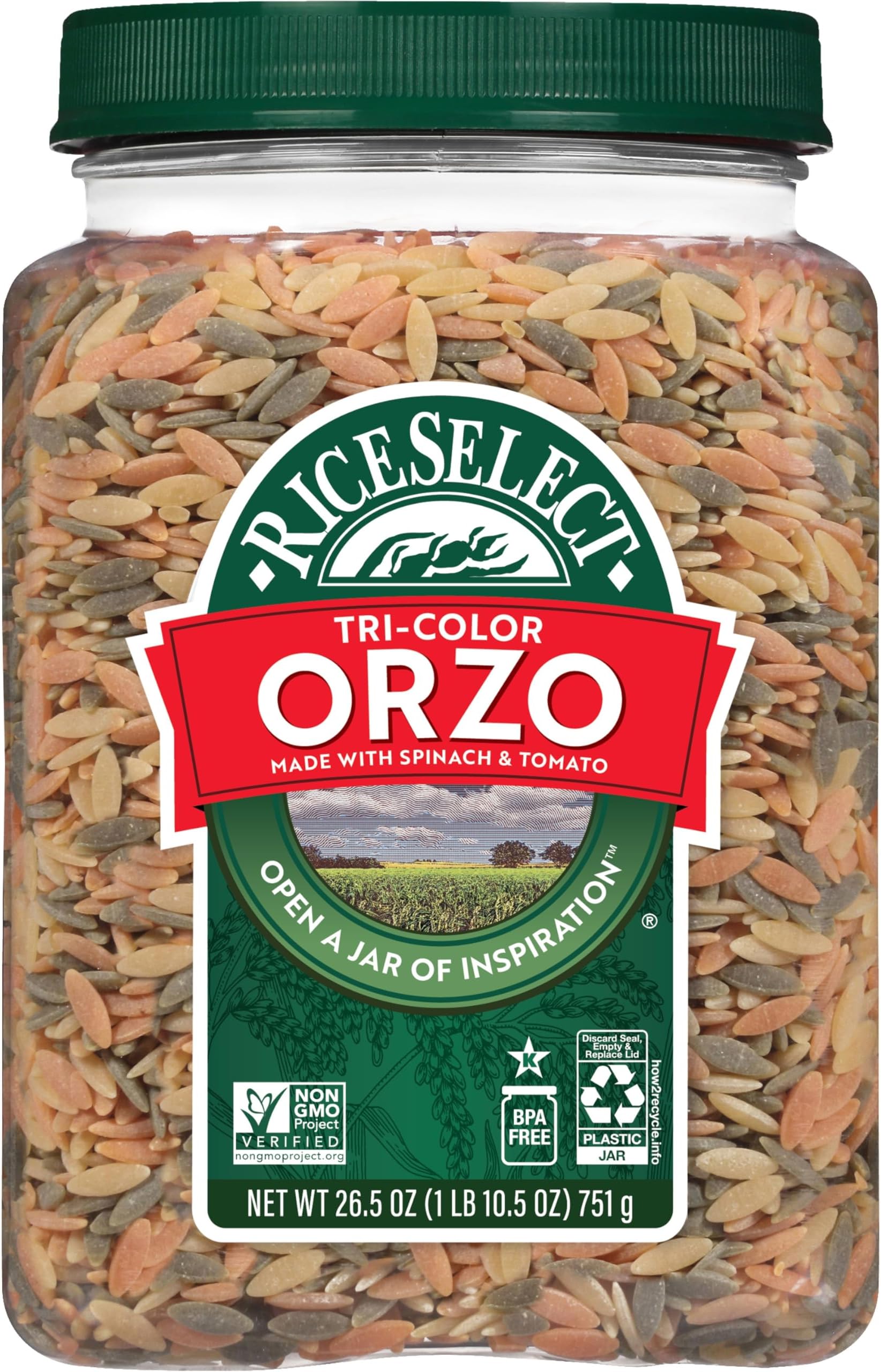 RiceSelect Tri-Color Orzo Rice-Shaped Pasta, Premium Spinach- and Tomato-Flavored Non-GMO Orzo Pasta, 26.5-Ounce Jar