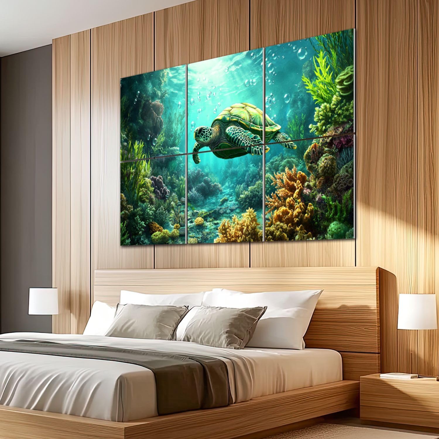 6 Pack Art Acoustic Panels Sound Absorbing Sea Turtle Teal With Coral Reefs Plants Bubbles Sunlight Vivid Colors Decorative Soundproof Wall Panels Self Adhesive for Recording Studios Office 72"x48"