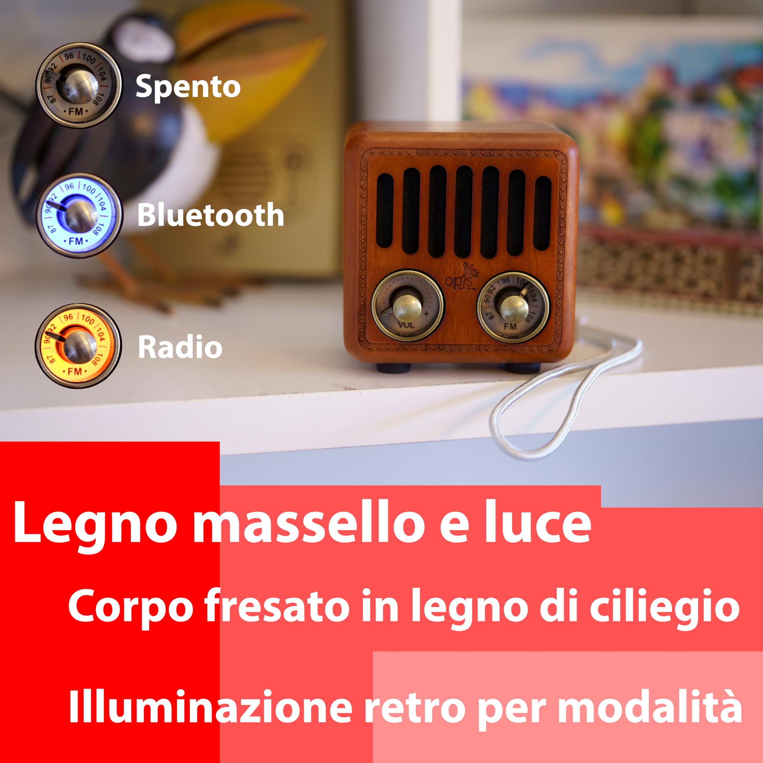 Opis Radio 2: Cassa Bluetooth Legno/Radio Portatile Ricaricabile/Speaker Bluetooth Vintage