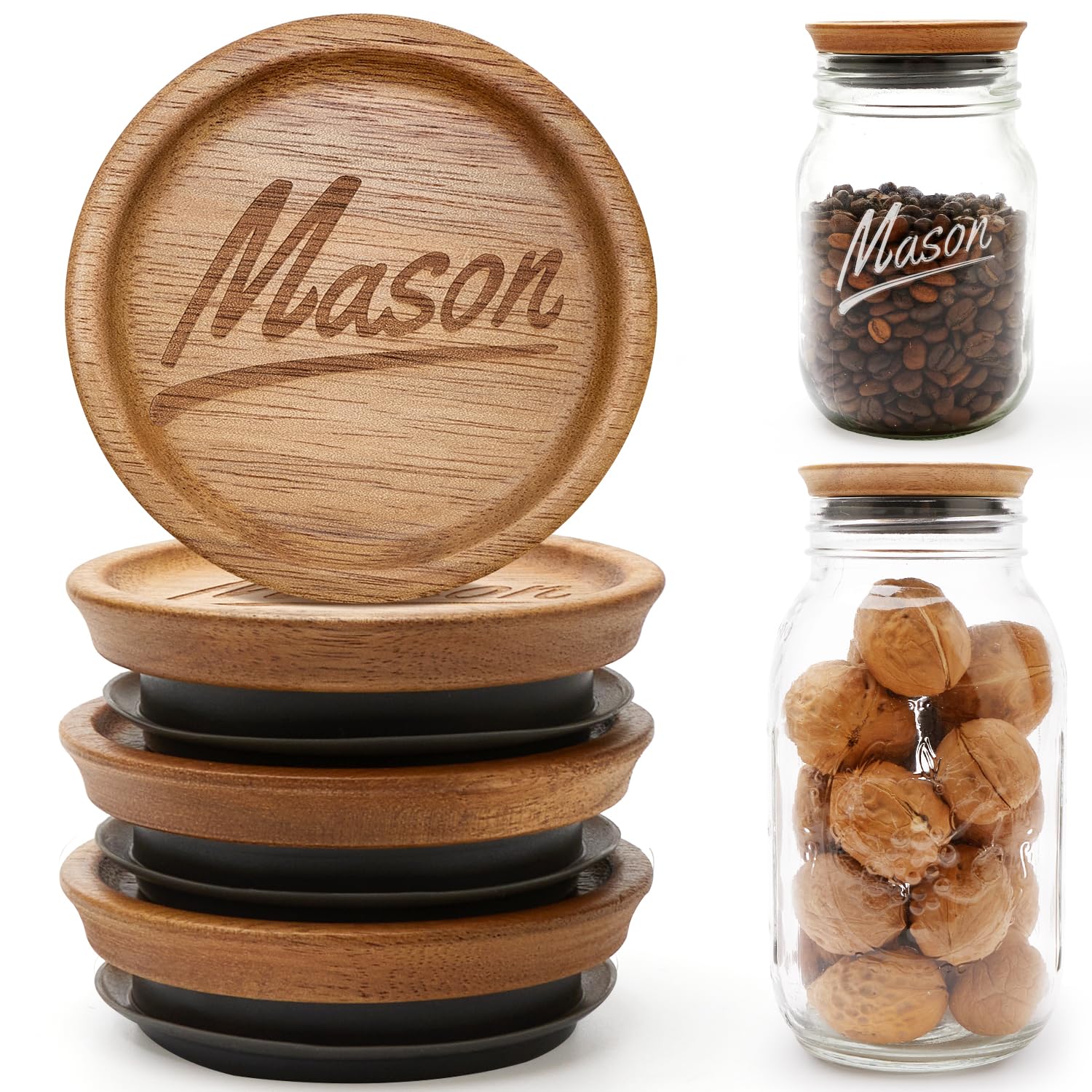 4 Pack Wooden Regular Mouth Mason Jar Lids Canning Supplies Small Mouth Mason Jars Tops Accessories Glass Jars with Wood Can Lid for Jar Cover Rings Decorative Reusable Bamboo Silicone Canning Lids