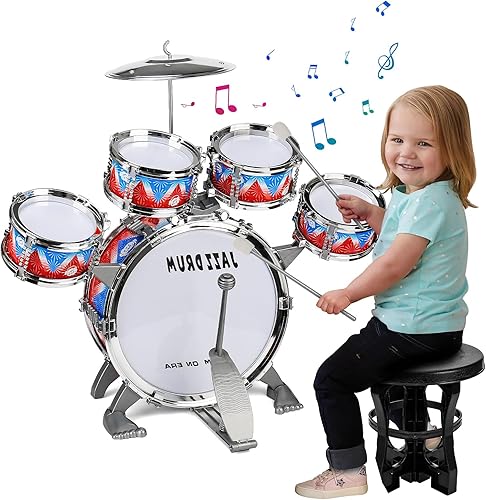 Miniatura 9 de Juego de batería para niños, kit de batería de jazz para niños pequeños, 5 tambores con taburete, pedal de percusión, instrumentos musicales,