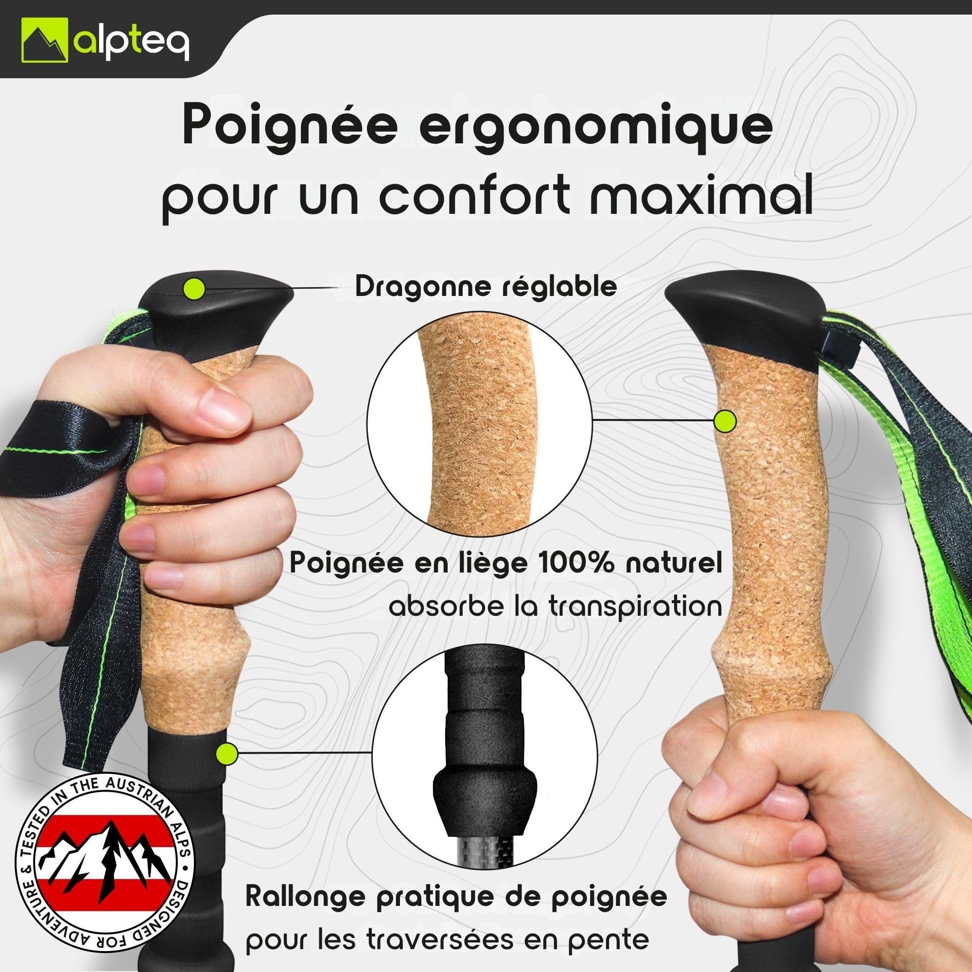 Bâtons de randonnée Pliables en Carbone avec poignée en liège | Bâtons de Trekking pour Sports de Montagne | Bâtons de Marche Nordique pour Homme et Femme | Extra léger et télescopique