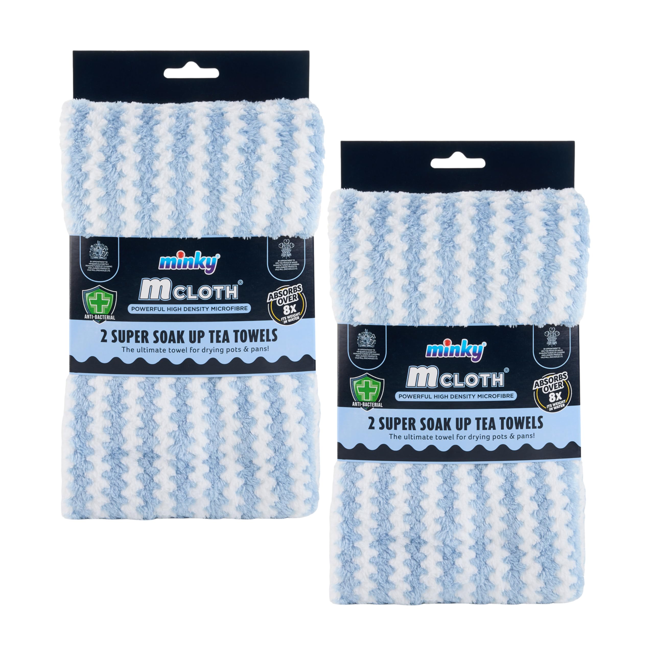Minky Super Soak Up Tea Towels Blue Pack of 4, Ultra-Absorbent, Powerful High-Density Microfibre, Anti-Bacterial Formulation, Hanging Tag For Easy Storage, Machine Washable (4, Blue)