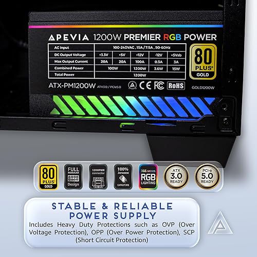 Miniatura 5 de Apevia ATX-PM1200W Premier 1200W Totalmente modular 80+ Gold Certificado, PCIe 5.0 y ATX 3.0 Ready Active PFC ATX RGB Fuente de alimentación para