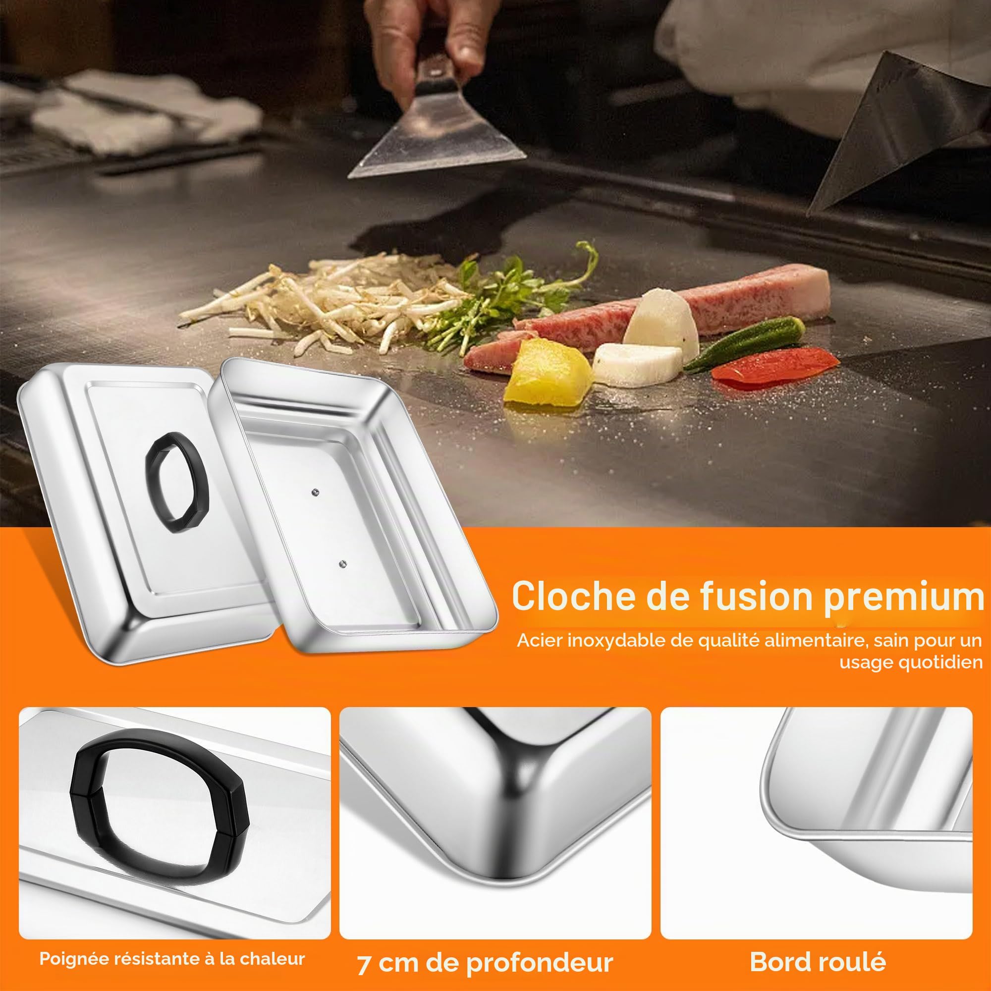 Joyfair Lot de 2 couvercles rectangulaires en acier inoxydable pour badigeonner la vapeur avec poignée résistante à la chaleur, couvercle à hamburger pour barbecue Teppanyaki à dessus plat, cuisson