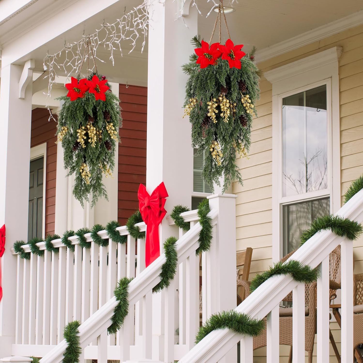 Christmas Decorations Artificial Plants with Poinsettias Artificial Christmas Flowers Berry Pinecone Greenery Stems Front Door/Fireplace Hanging Decoration for Winter Home Holiday Wall (2pc-Gold)