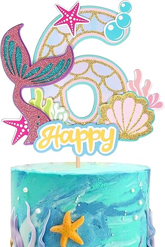 1 paquete de decoración de pastel de sirena para 6 cumpleaños, feliz cumpleaños, océano, criatura del mar, decoración de pastel de sirena para