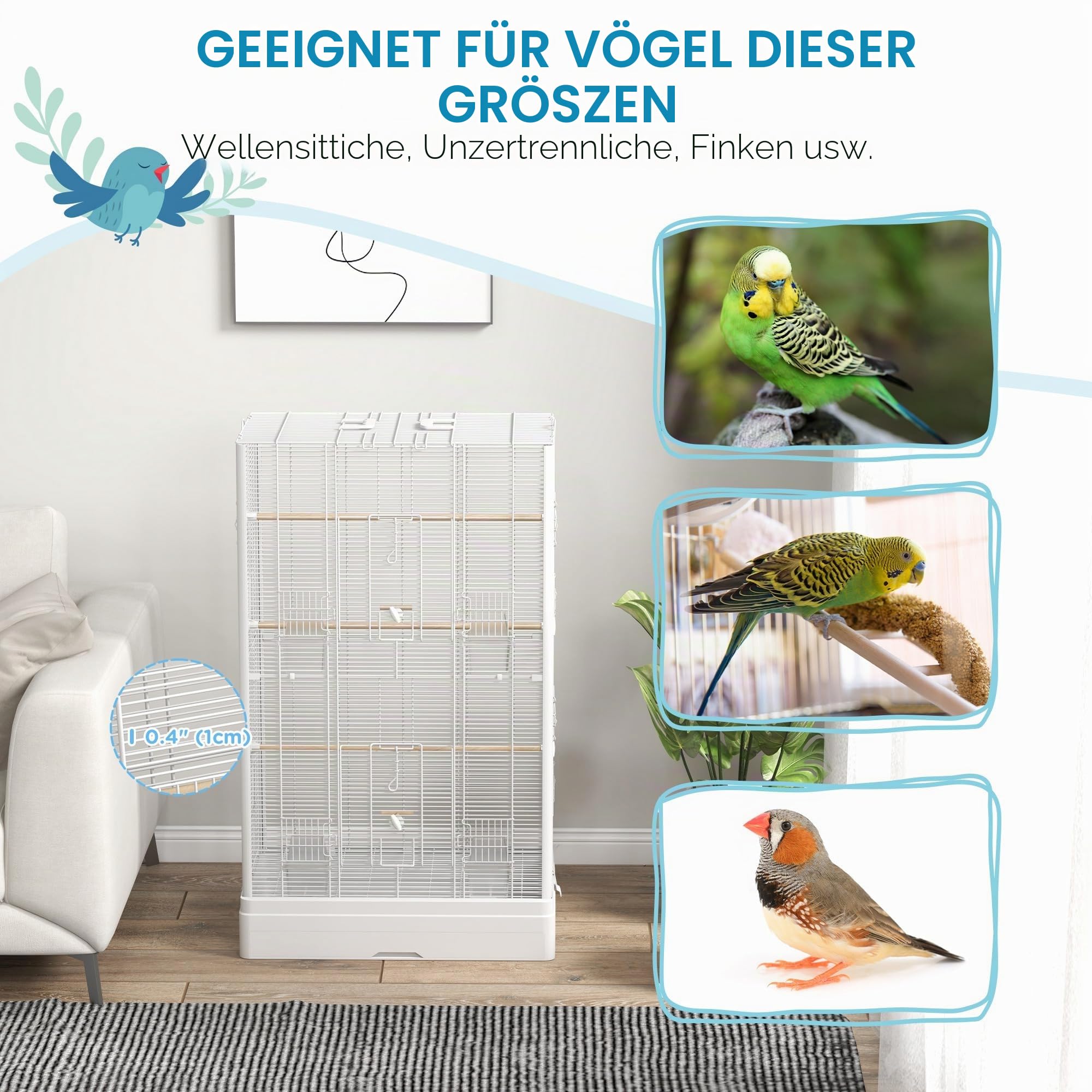 PawHut Vogelkäfig, Voliere mit Türen, Sitzstangen - Käfig für Kanarienvögel, Wellensittiche, Papageien - 61 x 36,5 x 98 cm - Weiß