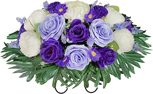 HENOMO Sillín de flores de lápida para tumba color no sangrado flores artificiales de cementerio arreglo de mezcla de rosas moradas y peonías