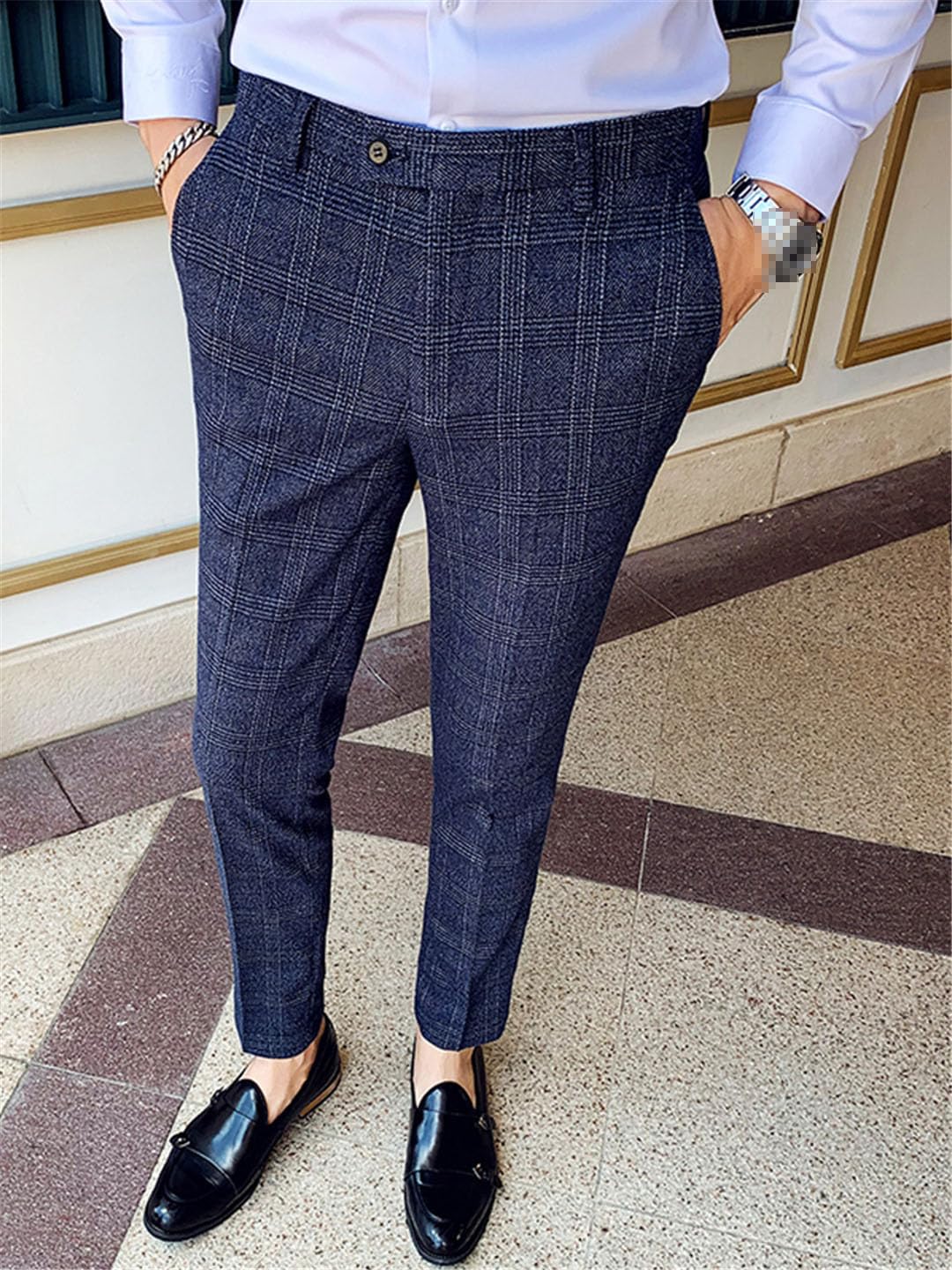 Vogrtcc Pantaloni da Uomo Casual Business Slim Pantaloni Scozzesi E A Righe