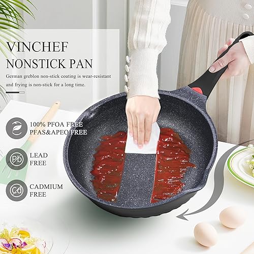 Miniatura 5 de Vinchef Sartén antiadherente con tapa, sartén de aluminio de 12.5 pulgadas con tapa e indicador de calor, antiarañazos y antimanchas, compatible con