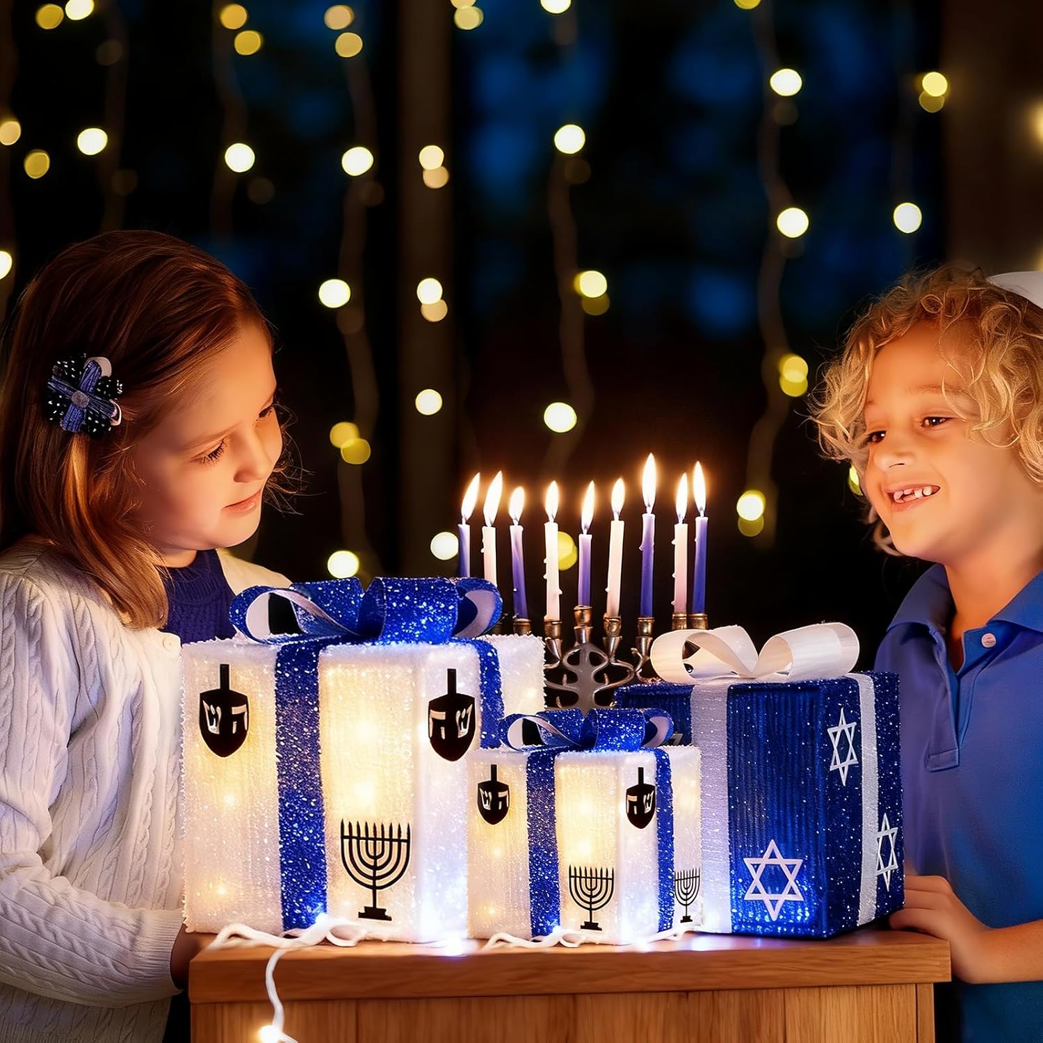 Lighted Hanukkah Decorations, 3 Sets Adjustable LED White and Blue Gift Boxes Decor, Hanukkah Indoor Outdoor Decorations for Chanukah Party Table Centerpieces Christmas Jewish Home Decor