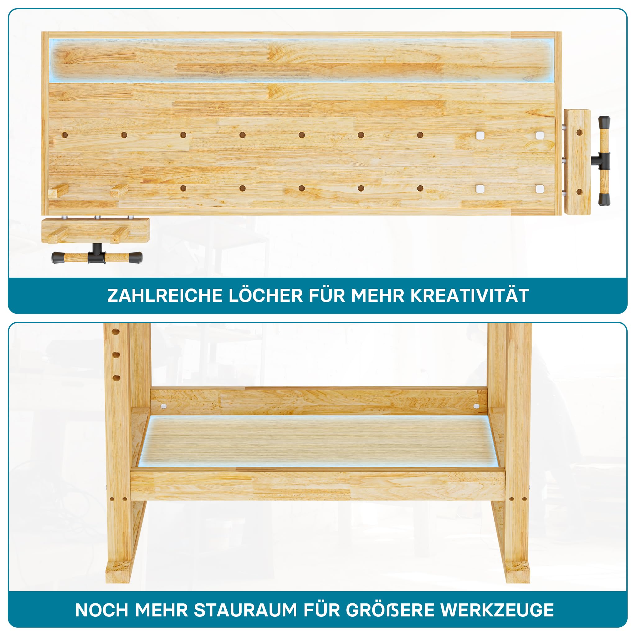 Wiltec Werkbank 151 x 61,5 x 86 cm aus Holz, Werktisch aus Rubberwood, Hobelbank bis 150 kg belastbar, Werkzeugbank mit Schublade und Spannzangen