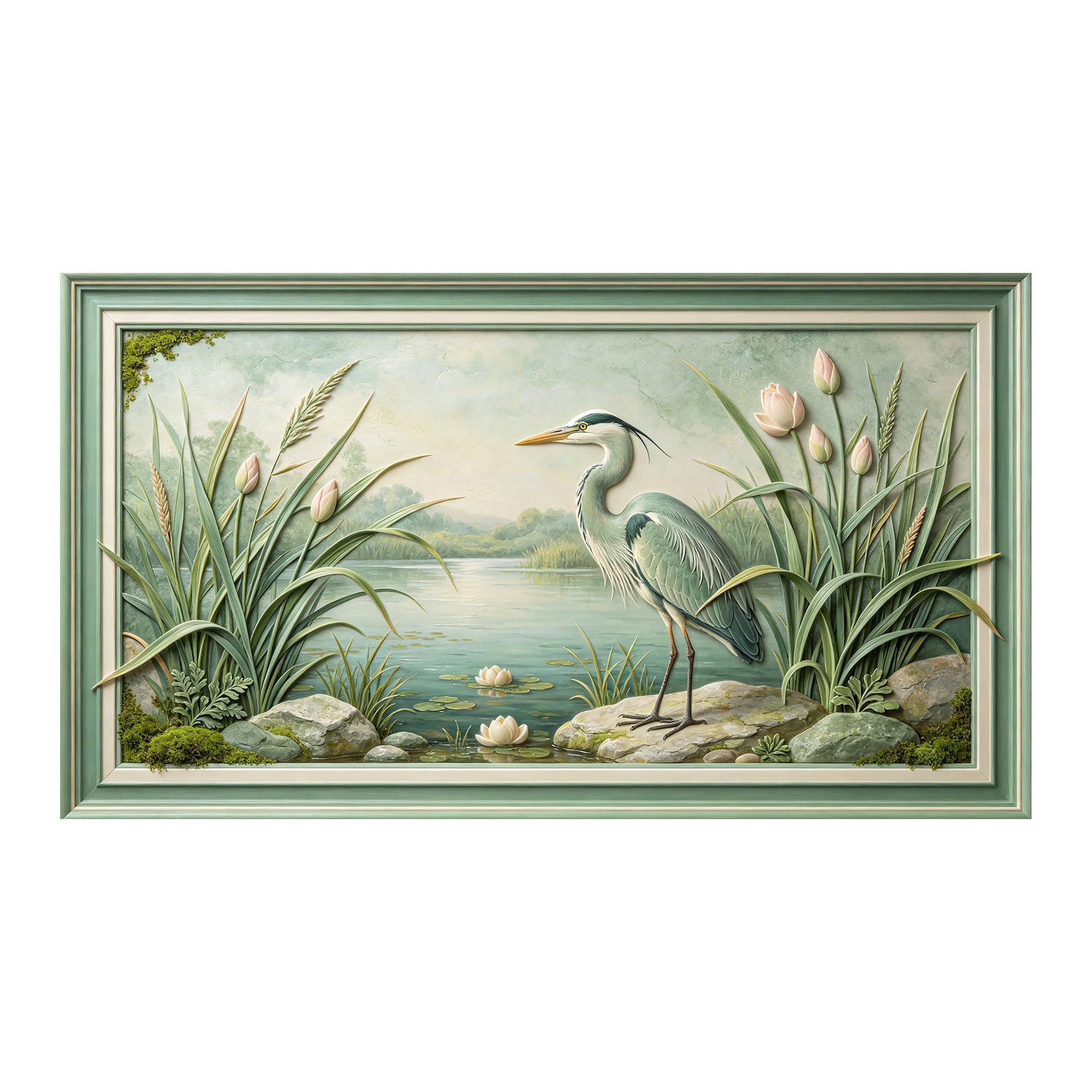 Yzpallescene 3D 3D Framed Wall Art 50cm×90cm Lake Heron Botanical Landscape Oil Painting Large Size SelfAdhesive Removable Wall Decor Prints Artwork for Living Room Bedroom Office
