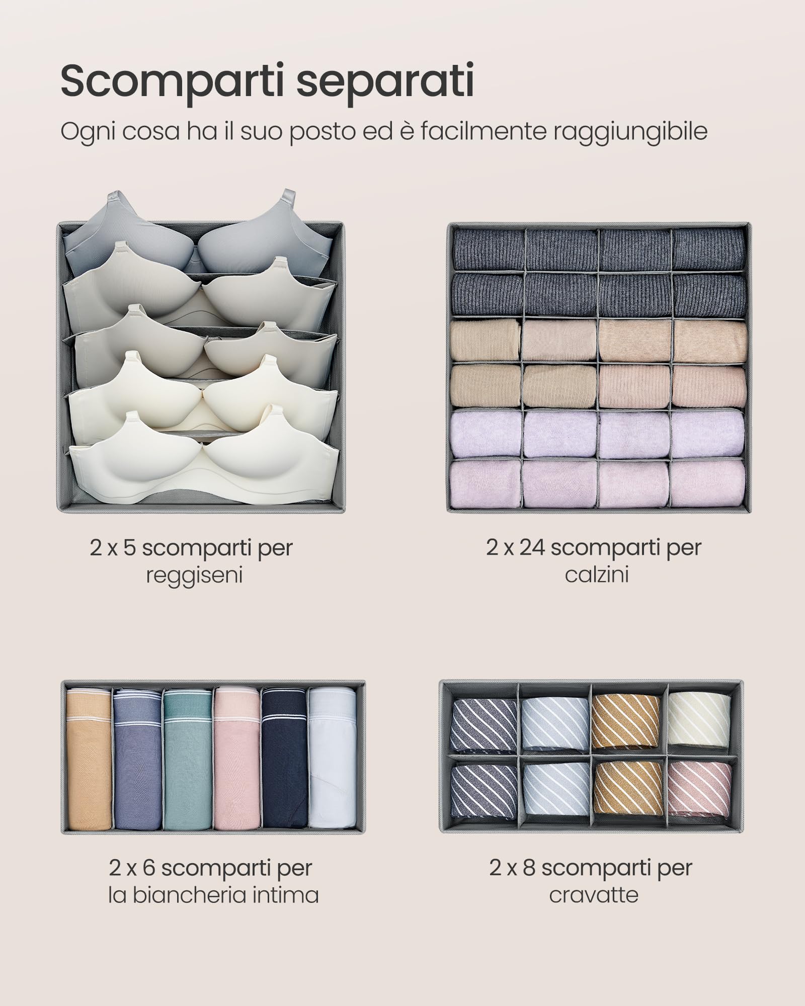 Set Di 8 Divisori Per Cassetti In Tessuto Non Tessuto – Organizer Pieghevole Per Biancheria, Calzini, Cravatte, 4 Misure, Grigio