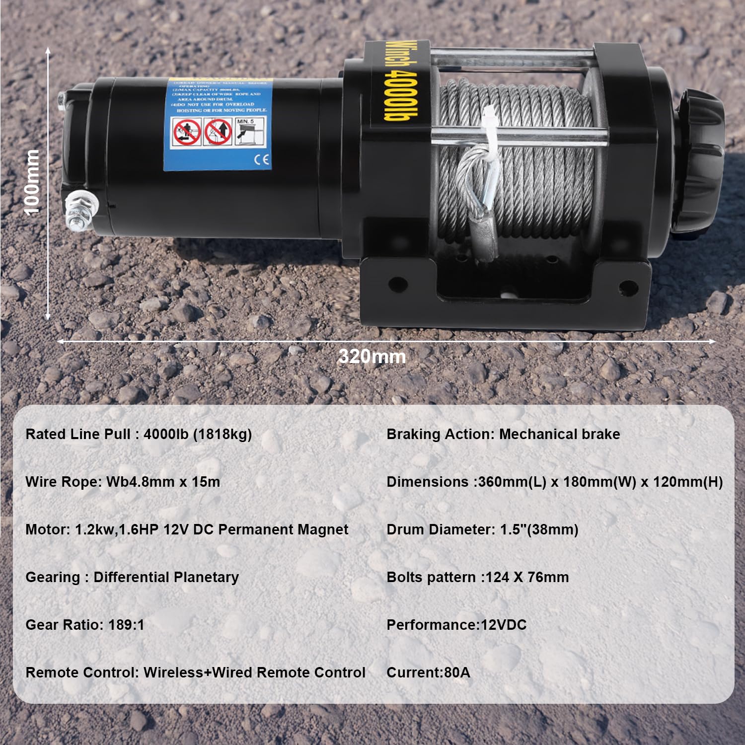 VOBOR Cabrestante de Cable Eléctrico 12V,Cabrestante 4000lbs con Control Remoto por Radio e Interruptor Manual,1.2kw 1.6HP Cabrestante de Grúa de Tracción de Cable para ATV(Wire Rope: Wb4.8mm*15m)