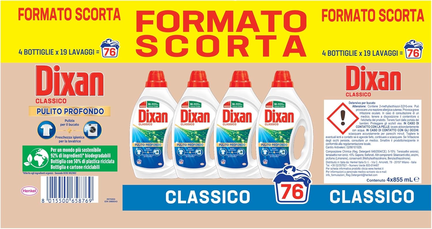 Dixan Liquido Classico Detersivo Lavatrice Formato Scorta (4 x 19 Lavaggi), Detersivo liquido lavatrice per una pulizia del bucato e freschezza igienica per la lavatrice, Rimuove le macchie da 20°C - Immagine 3