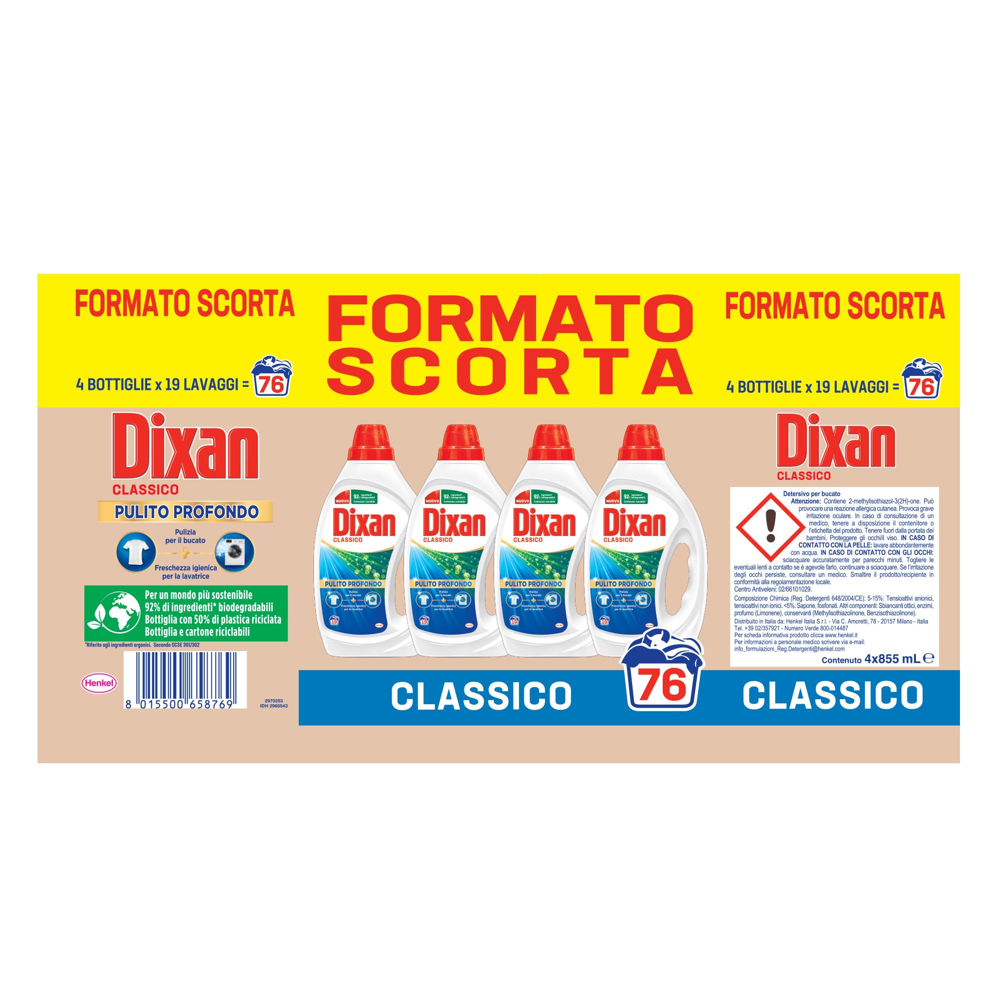 Dixan Liquido Classico Detersivo Lavatrice Formato Scorta (4 x 19 Lavaggi), Detersivo liquido lavatrice per una pulizia del bucato e freschezza igienica per la lavatrice, Rimuove le macchie da 20°C
