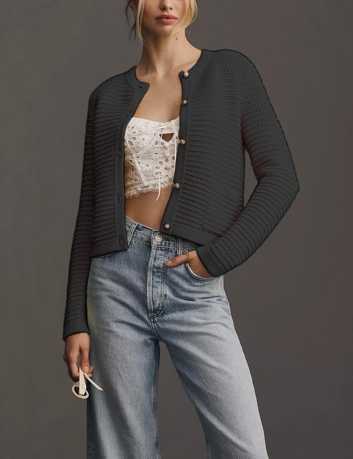 Womens Fall Cardigan Sweater Casual Open Front Long Sleeve Button Down Crochet Knit Tops with Pockets - Image 2