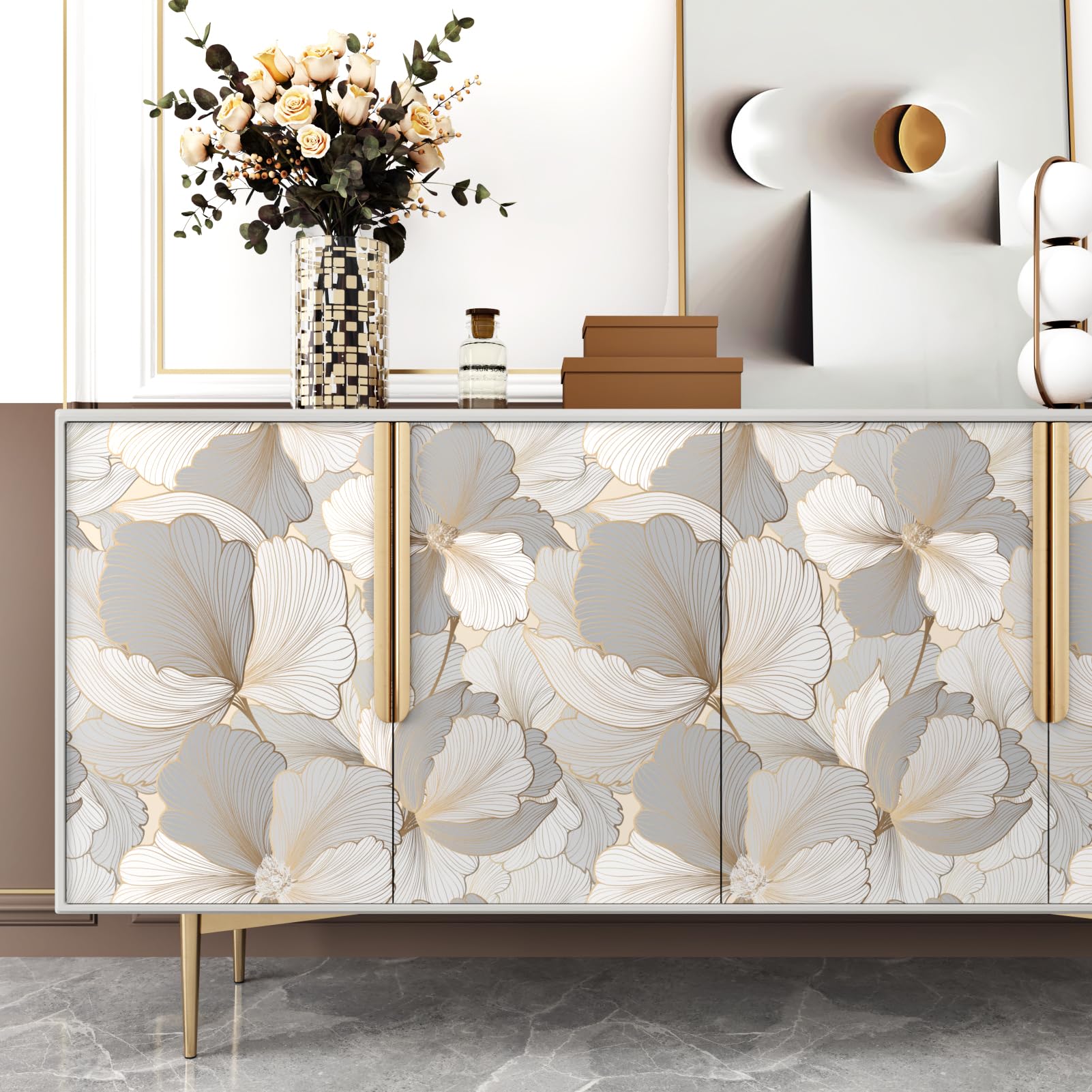 Papel Pintado Flores Beige Gris Vinilo Adhesivo Muebles Papel De Pared Decorativos Vinilo Para Muebles De Cocina Papel Pintado Autoadhesivo Para SalóN Armarios Impermeable44,5cm X 1000cm