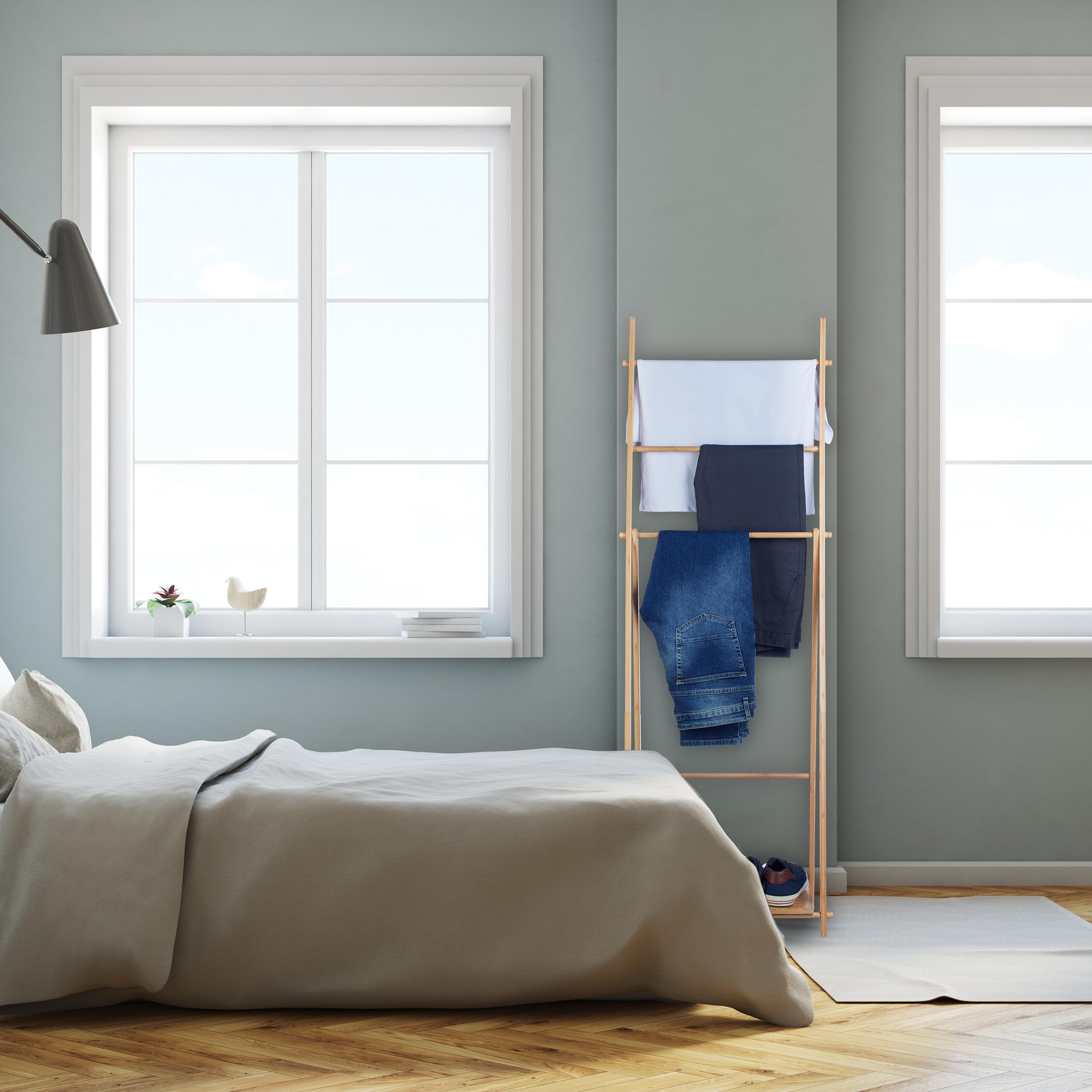 Relaxdays Porte-Serviettes en Bambou, 4 Barres, 1 étagère, HxLxP : 153 x 53,5 x 30 cm, Non Fixe, Salle de Bain, Nature