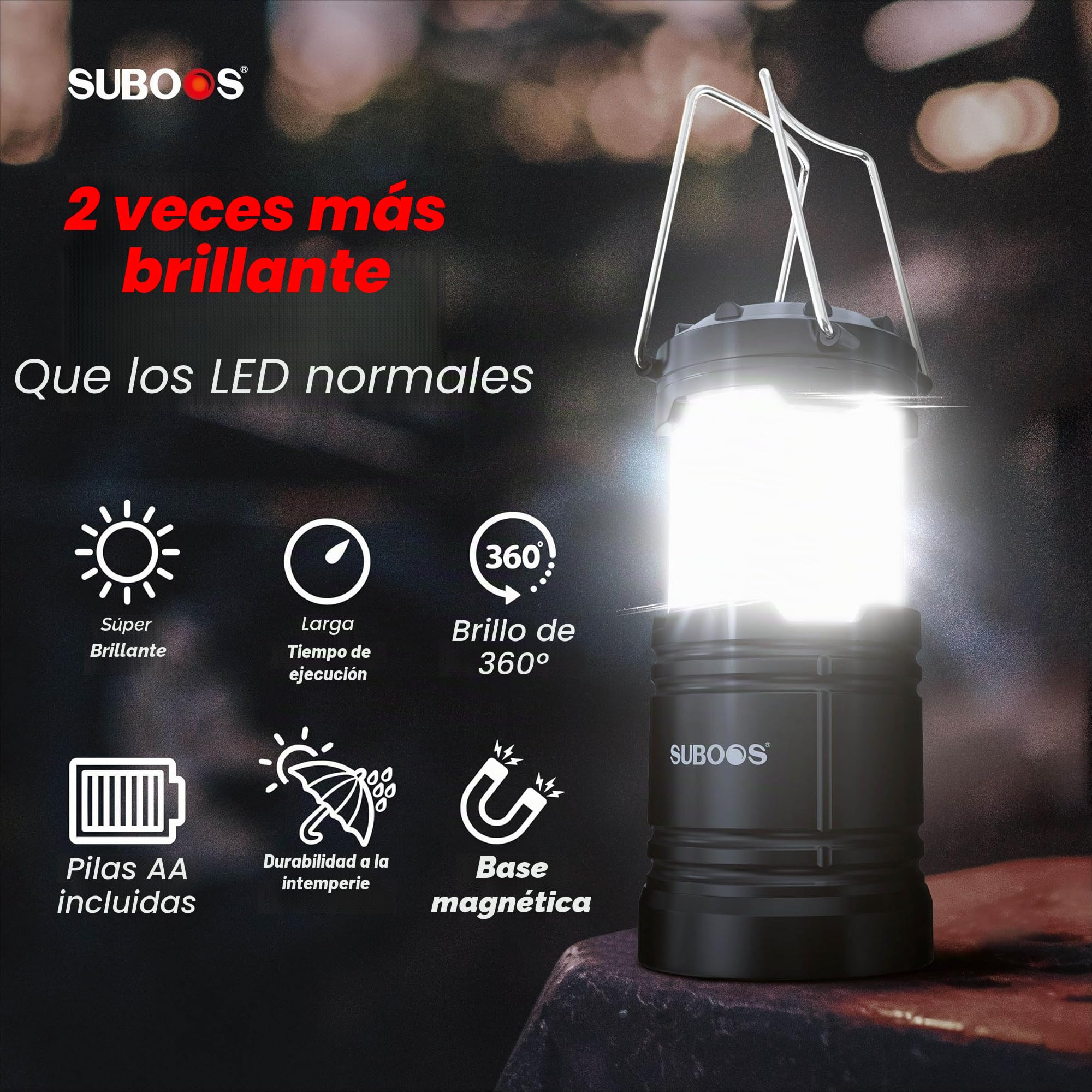 Linterna LED con pilas para acampar - COB Tech con base magnética y gancho plegable, linterna de camping portátil resistente para emergencias.